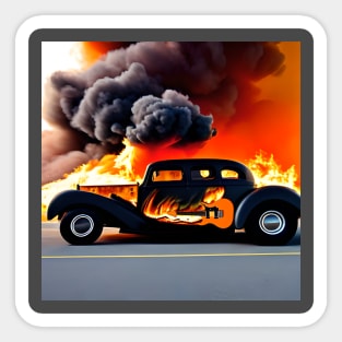 A Hot Rod Car With An Image Of A Guitar On The Side Surrounded By Fire And Smoke Sticker